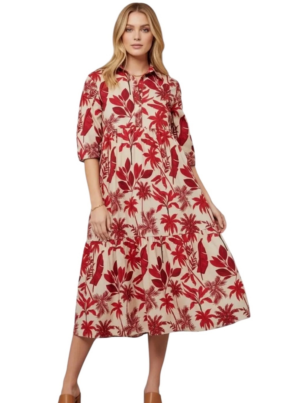 Anthropologie Maeve The Bettina Palm Print Cotton Tiered Midi Shirt Dress Sz XS
